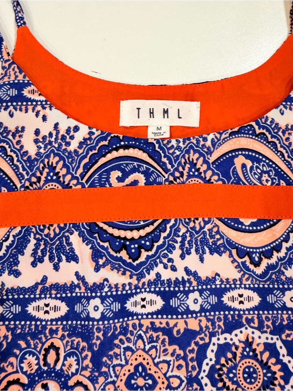 THML Blue & Orange Paisley Swing Dress Size M Boho Sleeveless Lined - Picture 3 of 8